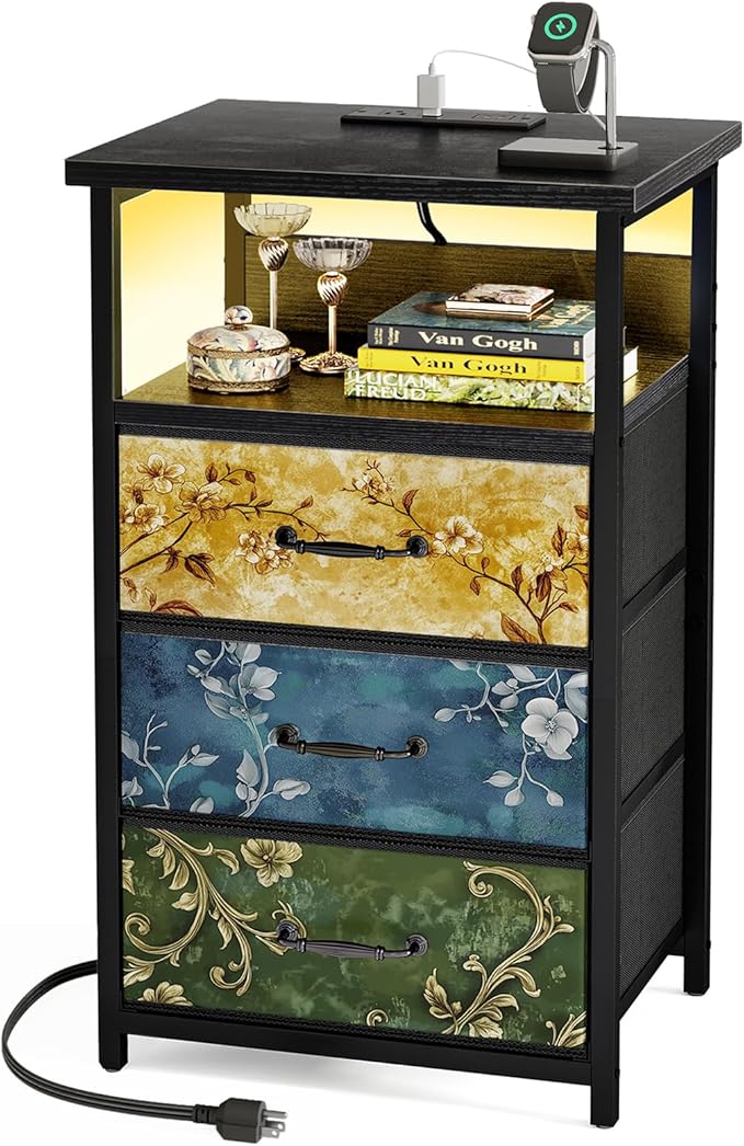 Fixwal Night Stand with 3 Fabric Drawers, Nightstand with Charging Station | vintage flower, led lights, built-in bedside charger, 2 AC outlets & 2 usb ports, 2 wooden shelves, bedroom furniture