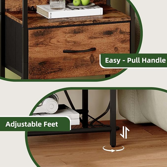 Somdot Nightstand Set of 2 with Charging Station & LED Light, Bedside Table | Dorm, Guest Room, Kids Room, Laundry, Closet, Entryway and Hallway, Brown