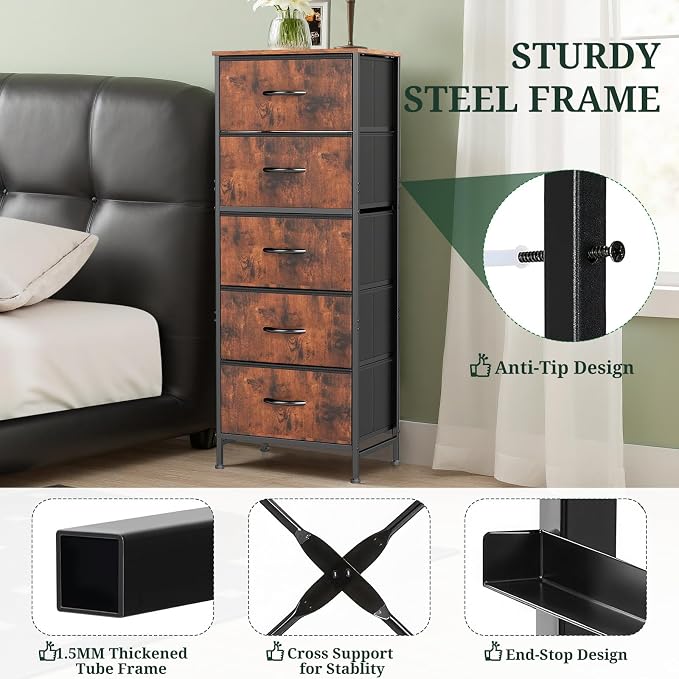 5 Drawers Dresser for Bedroom Fabric Storage Tower with Wooden Top | Steel Frame Tall Chest of Drawers for Closet, Entryway, Dorm, Brown