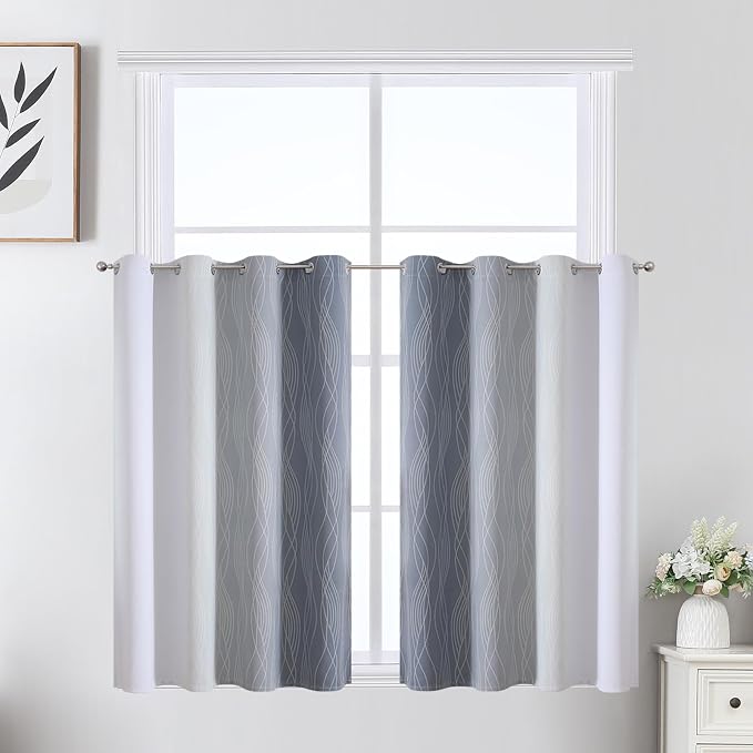 Grey and Greyish White Ombre Blackout Curtains for Bedroom 36 Inch Long | Estelar Textiler Gray Thermal Insulated,Grommet Small Half Window Drapes for Cafe/Basement/RV Camper/Kitchen,52Wx36L,2 Panels