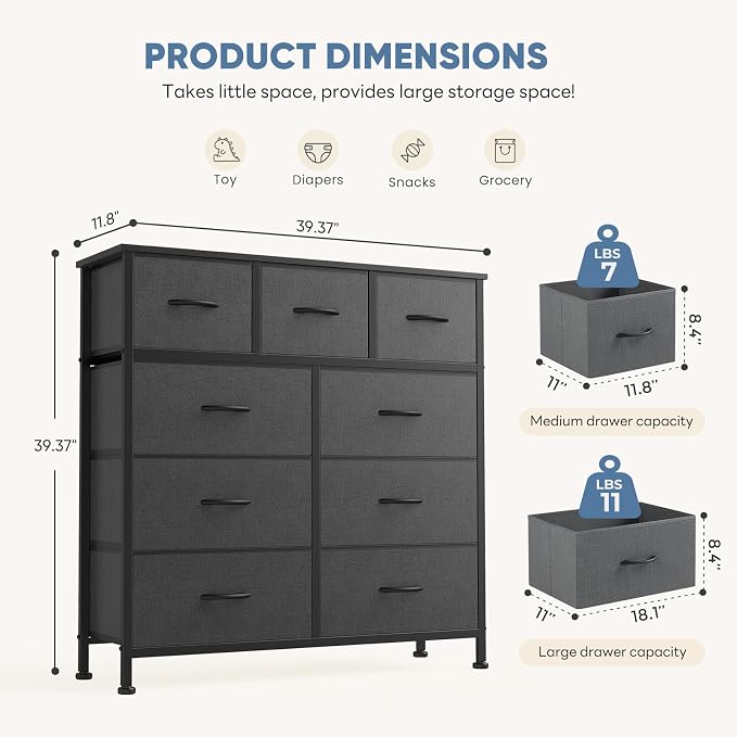 DUMOS Dresser for Bedroom, 9 Fabric Storage Tower Unit Dresser Organizer | Wood Top Table Furniture, Chest of Drawers for Closet, Living Room, Hallway, Grey