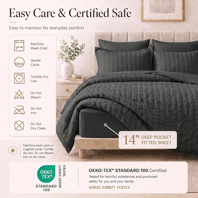 Twin Comforter Set, 5 Pieces Dark Grey Seersucker Bed in a Bag | OEKO-TEX Certified, All Season Bedding Sets with 240 GSM Down Alternative Comforter, Flat & Fitted Sheets, Pillowcase & Sham