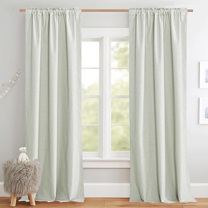 NICETOWN Living Room Full Blackout Light Green Linen Curtains 108" Length | Thermal Insulated, Farmhouse Style Keep Warm for Large Window Draperies for Hall, 2 Panels, W52" x L108" Each