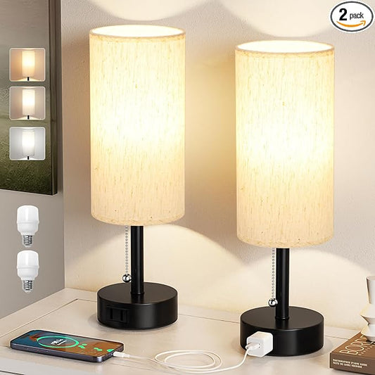 Bedside Table Lamps Set of 2 - Bedroom Lamp for Desk, AC Outlet | Pull Chain, 3 Color Temperatures (3000K/4000K/5000K), LED Bulbs Included, 14in Small Lamp for Dorm, Nightstand, Living Room