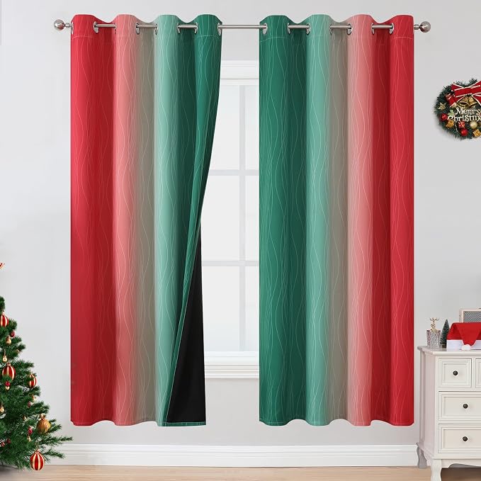 Red and Green Ombre Blackout Curtains 52Wx72L 2 Panels | Ombre Christmas Curtains for Living Room,Thermal Insulated,Room Darkening,Energy Saving,Grommet Window Drapes for Bedroom