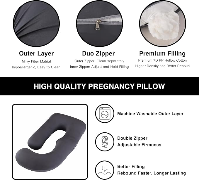 ALLOPERA Pregnancy Pillow, Full Body 57 Inch Maternity Pillow with Removable Washable Cover - Sleep Support for Legs, Back, Neck, Shoulder, HIPS, Belly for Pregnent Women, Black Milk Fiber Cover
