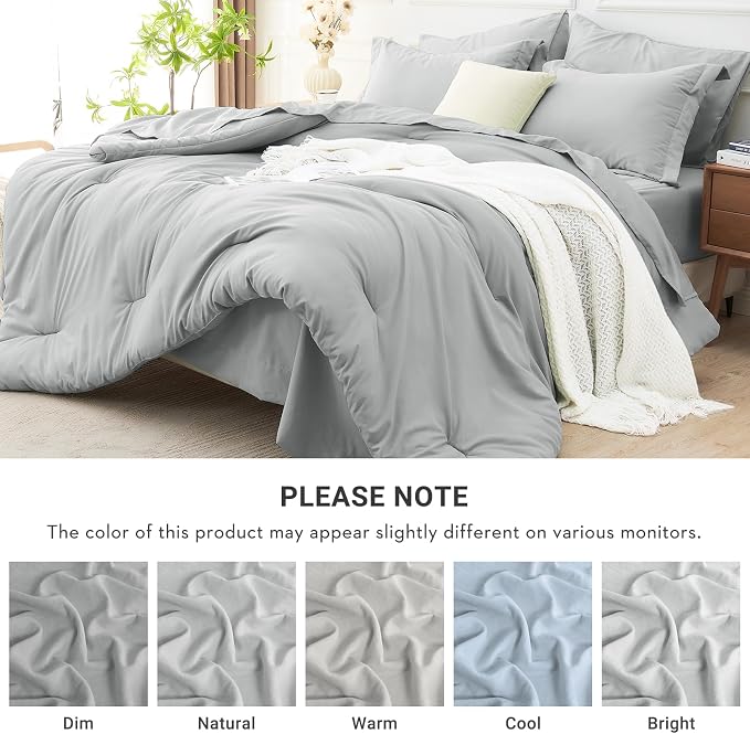 7 Pieces Oversized King Comforter Set, Soft Bed in a Bag Oversized King Size, All Season Bedding Set with Comforter, Flat Sheet, Fitted Sheet, Pillowcases & Shams, Light Grey