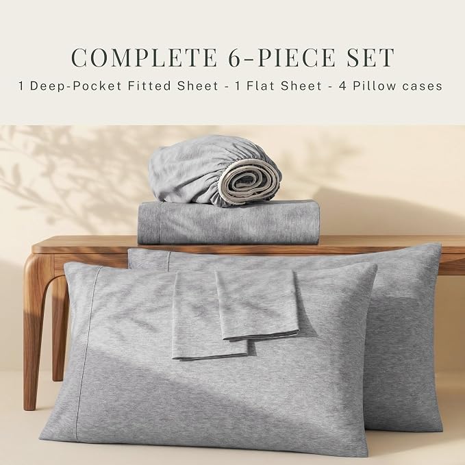 Hearth & Harbor Bed Sheets, Luxury Soft 6 Piece Bed Sheet Set Extra Deep Pocket Fitted Sheets Fits Mattress up to 21", Double Brushed Bedding Sheets & Pillowcases,