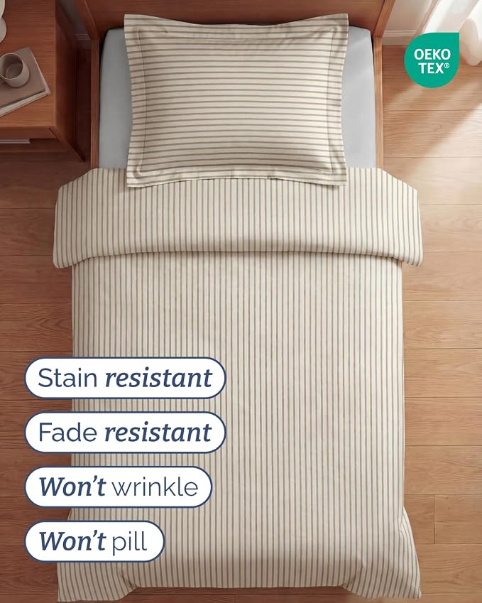 Duvet Cover Twin/Twin XL - 2 Piece with Zipper Closure - Beige Stripes | Extra Soft, Breathable, Twin/Twin XL Duvet Cover 68" x 90" w/ 1 Pillow Sham, Zipper Closures & Ties, Women, Men, Kids & Teens