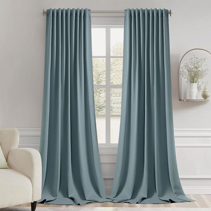 MIULEE Greyish Blue Back Tab Blackout Curtains 52x96 Inch Long 2 Panels Set | Rod Pocket Pinch Pleated, Thermal Insulated, Bedroom Living Room Darkening Drapes, Light Blocking Floor to Ceiling Curtains
