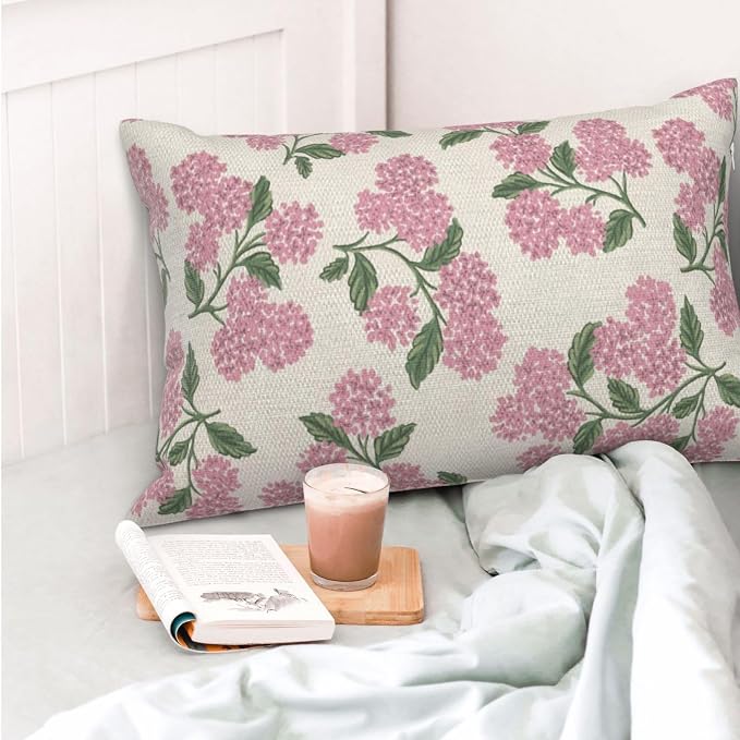 Preppy Pink Pillow Covers 12x20 Inch 2 Pcs Green Hydrangea Flower Decor Throw Pillows Vintage Floral Seasonal Spring Summer Outdoor Decoration Pillowcase Linen Cushion Cover for Couch Sofa