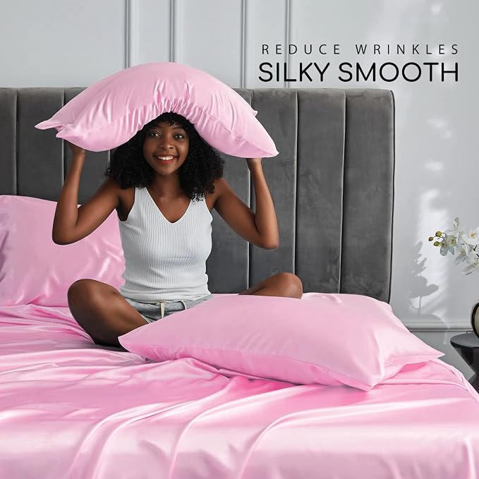 MR&HM Satin Sheets Twin Size with Elastic Corner Straps, Pink | Similar to Silk, 3-Piece Silky Soft Bed Sheet Set, Gentle on Skin and Hair, 15" Deep Pocket, Cooling & Breathable