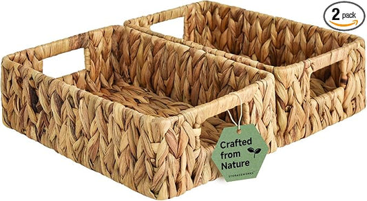 StorageWorks Small Wicker Baskets for Shelves, Shallow Baskets, 2-Pack | Water Hyacinth Storage Baskets for Organizing, Wicker Storage Baskets for Shelves,Pantry Organizers and Storage,Woven Baskets