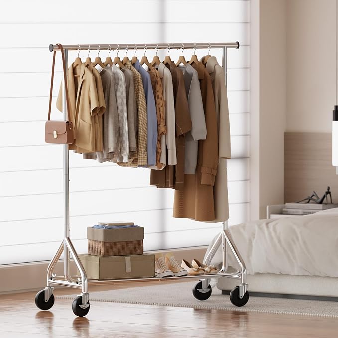 HYSEYY Clothes Rack, Rolling Clothing Rack for Hanging Clothes Load 380 LBS Portable Garment Rack with Sturdy Wheels, Metal Coat Rack Wardrobe Closet for Bedroom Laundry living Room, Silver