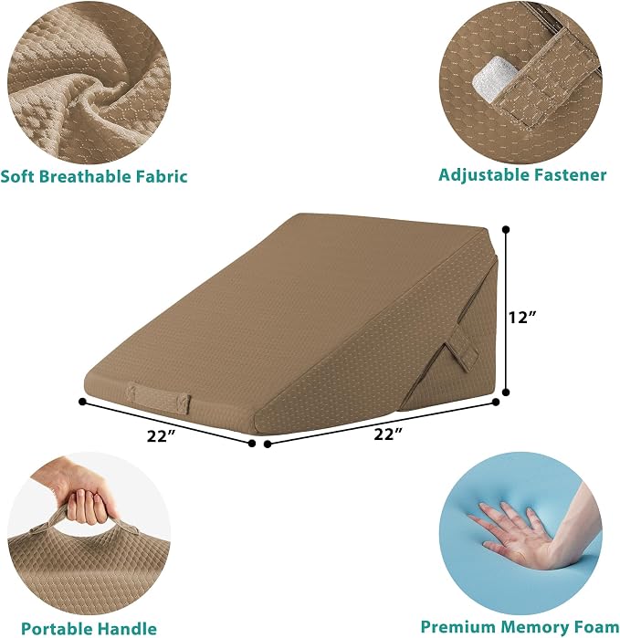 Wedge Pillow for Sleeping, Adjustable 9&12 Inch Foldable Bed Wedge Pillow Set, Orthopedic Memory Foam Triangle Pillows Wedge, 7-in-1 Elevated Pillows for Leg and Back Support, Brown