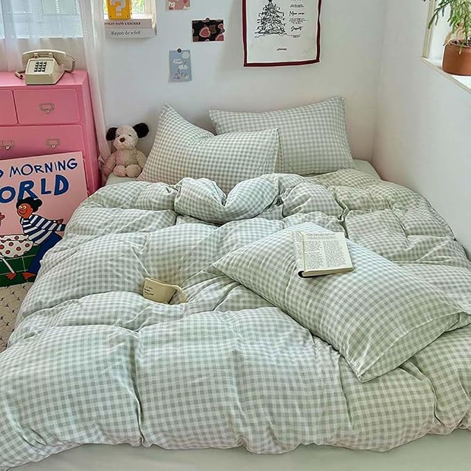 Nayoroom Green Gingham Duvet Cover Set Full Plaid Checkered Bedding | Modern Farmhouse Cottage, Dorm Bedding, Soft Breathable Washed Microfiber, All-Season Comfort, Hidden Zipper, 4 Corner Ties