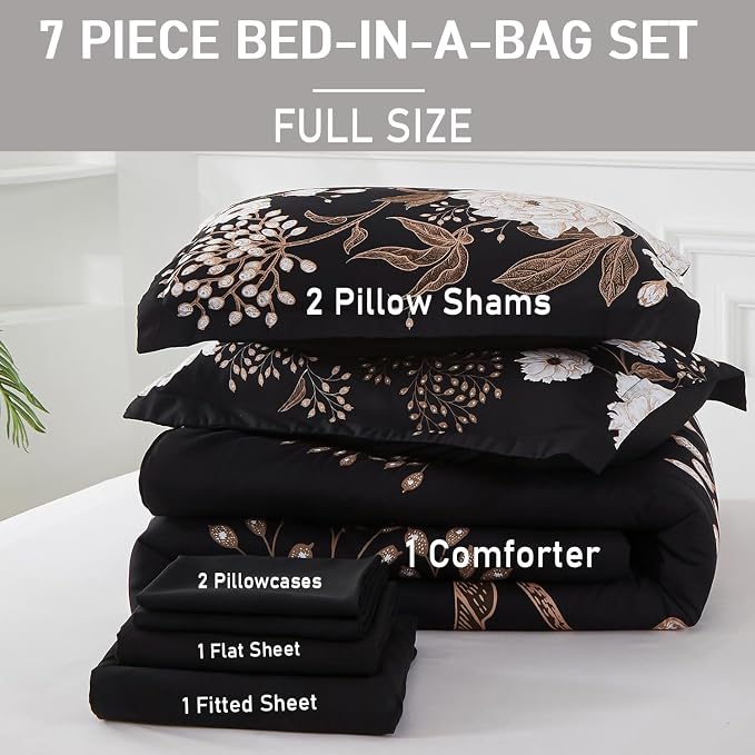 Yogeneg 7 Piece Bed in a Bag Full Size Comforter Set Botanical Floral Bedding Set,White Flower Leaves Printed on Black Reversible Design,Soft Microfiber Comforter with Sheet Set,All Season(Black,Full)