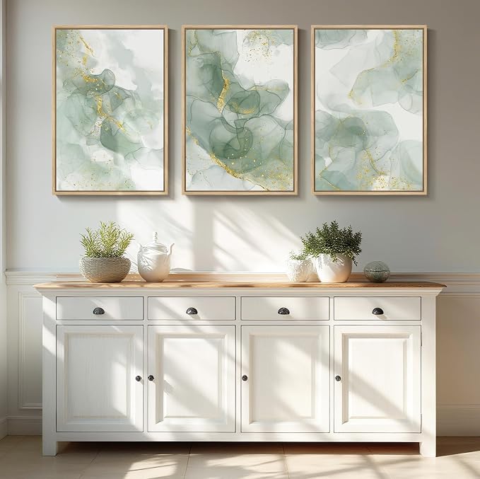 Large Framed Sage Green Gold Abstract Wall Art, 3 Piece Set, Each 20x30 In | Green gold pictures, Canvas print, Wood frame, Modern painting, Minimalist artwork, Wall decor for living room bedroom dining
