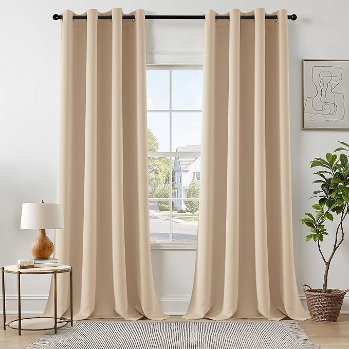 MIULEE Beige Blackout Bedroom Curtains Drapes 96 Inch Long 52"x96" | Grommet Top, Room Darkening Window Drapes, Privacy Protection, Thermal Insulated, Heat Blocking, Light Blocking