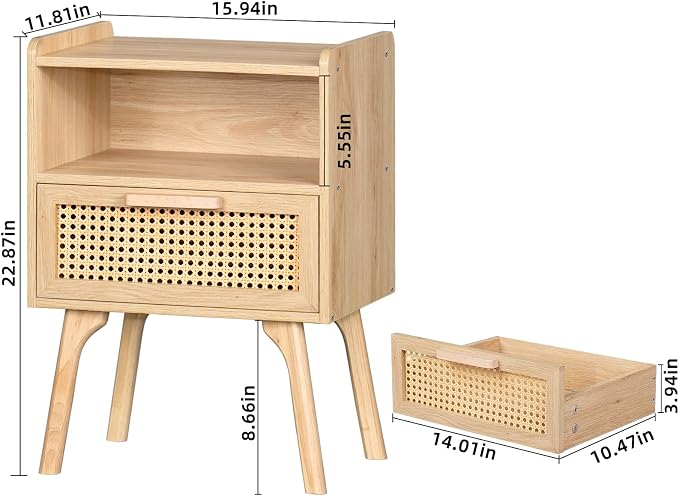 Lerliuo Rattan Nightstand, Boho Side Table with Drawer Open Shelf | Cane Accent Bedside End Table with Solid Wood Legs for Bedroom, Dorm and Small Spaces (Natural)