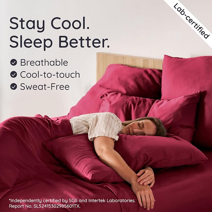 Bambaw 100% Viscose Derived from Bamboo King Size Sheet Set - 4pcs Super Soft & Cooling Sheets, Luxury Sheets King Size Deep Pocket, Fits Up to 16'' Mattresses with Elastic Corner Straps (Burgundy)