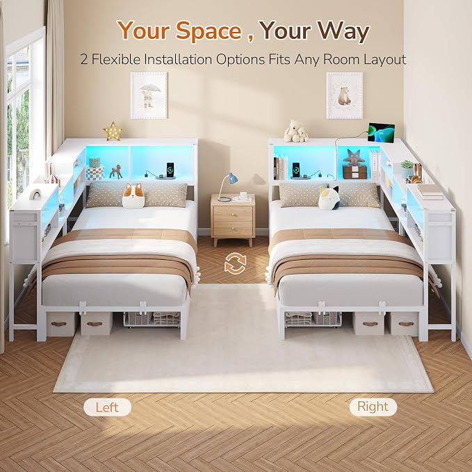 DICTAC Twin Corner Bed Frame with 2 Storage Drawers and Bookcase Headboard,Twin Size Metal Platform Bed Frame with Charging Station and Led Lights,Modern Twin Daybed for Kids,Teen and Guests,White