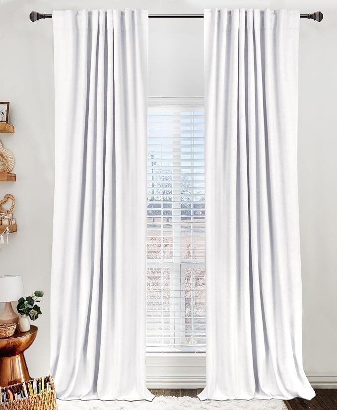 Faux Linen Total Blackout Curtains for Bedroom 63 Inch Long Bright White | 100% Blackout Shield, Back Tab/Rod Pocket Living Room Drapes, Thermal Insulated Blackout Curtains 2 Panels Set, 50"W x 63"L