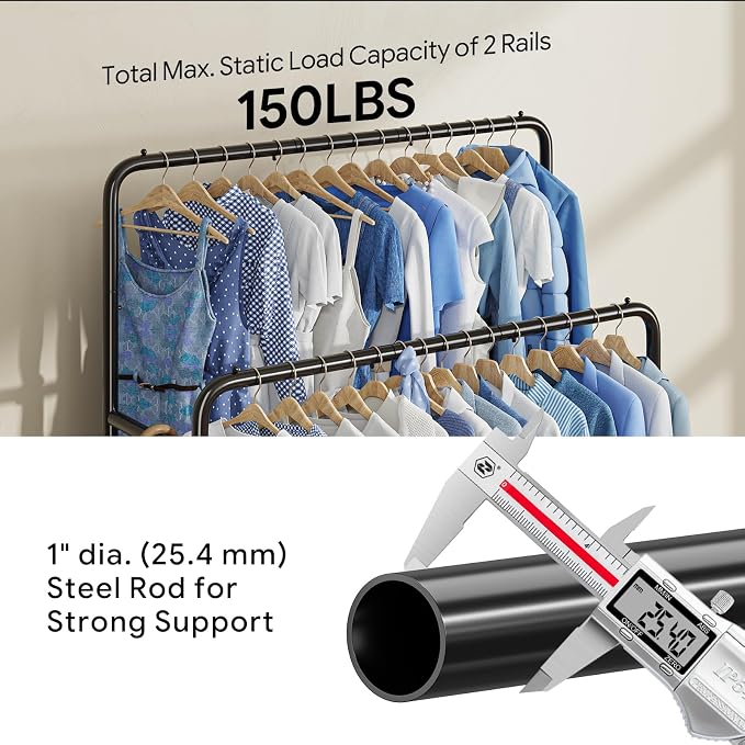 Simple Trending Clothing Clothes Rack, Double Rod Garment Rack, Black | Portable Closet with Bottom Shelf, Anti-Slip Stoppers, 360° Lockable Wheels, Multiple Uses, Bedroom, Laundry Room