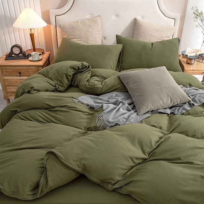 PURE ERA Jersey Knit Sheet Set Solid Olive Green Queen | 100% Cotton, 3 Piece Set, T Shirt Soft, Breathable, Envelope Closure Pillowcases, Hidden Zipper, 8 Ties, No Insert, Modern