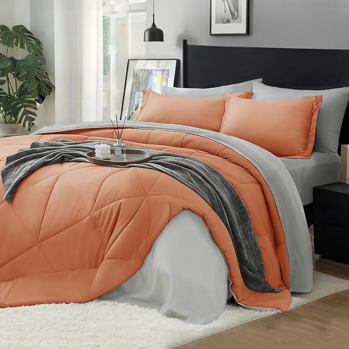 BEDELITE Twin Comforter Set 5 Pieces, Reversible Burnt Orange Bed in A Bag | Soft All Season Down-Alternative Comforter, Sheets, Pillowcases & Shams, OEKO-TEX Certified Bedding for Bedrrom, Guest Room