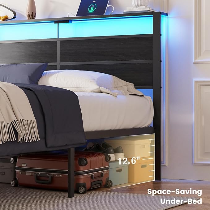 King Size Bed Frame with LED Lights and Charging Station | Black Metal Platform Bed with Wood StorageHeadboard, Sturdy Slats, No Box Spring Needed, Noise Free, Easy Assembly