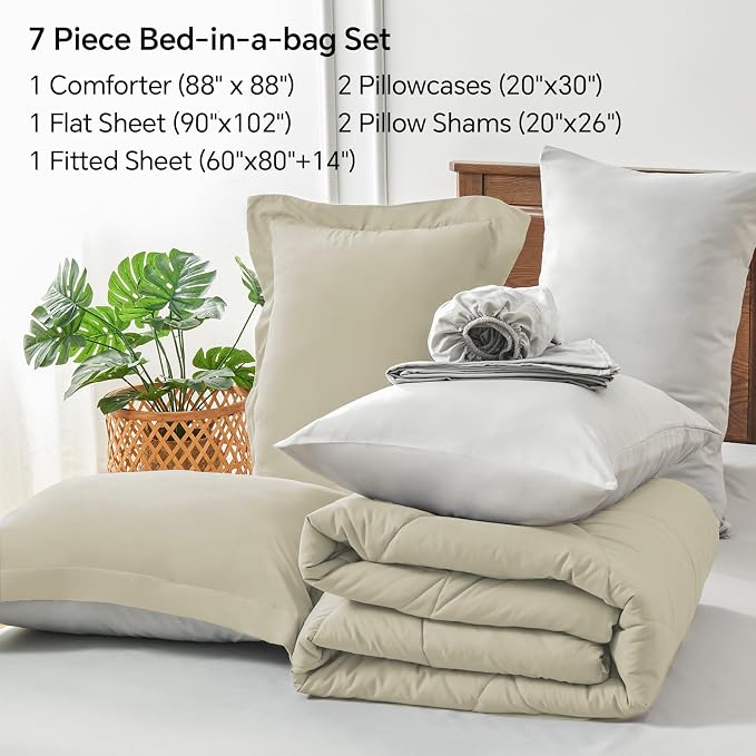BEDELITE Queen Comforter Set 7 Pieces, Reversible Oatmeal Bed in A Bag | Soft All Season Down-Alternative Comforter, Sheets, Pillowcases & Shams, OEKO-TEX Certified Bedding for Bedrrom, Guest Room