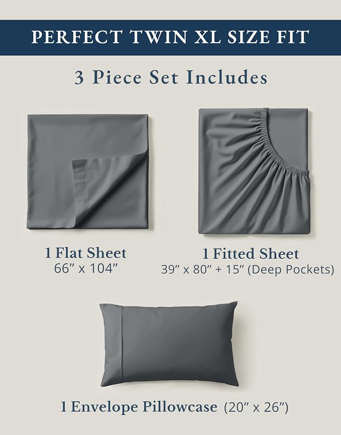 LANE LINEN Twin XL Sheet Set 100% Organic Cotton Cooling Soft - Charcoal | Twin XL Sheet Set, GOTS Certified Organic Cotton Percale - Crisp Hotel-Style Feel, Soft From The First Wash, For Hot Sleepers