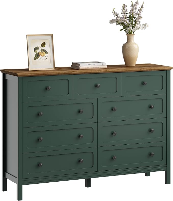 CARPETNAL 55" Green Dresser for Bedroom with 9 Drawer & Deep Drawers | Large Storage Modern Chest of Drawers with Metal Handles for Living Room, Hallway