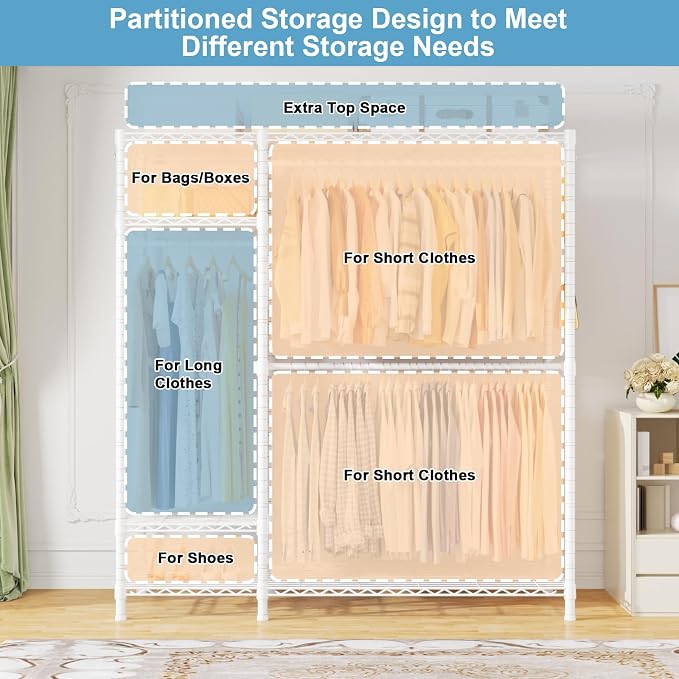 Ulif F7 Clothes Rack Heavy Duty, Clothing Racks for Hanging Clothes, White | Garment Rack with Shelves, 6-Tiers Freestanding Portable Closet Storage Racks 58'' W × 14.6'' D × 76.6'' H, Max Load 800 Lbs