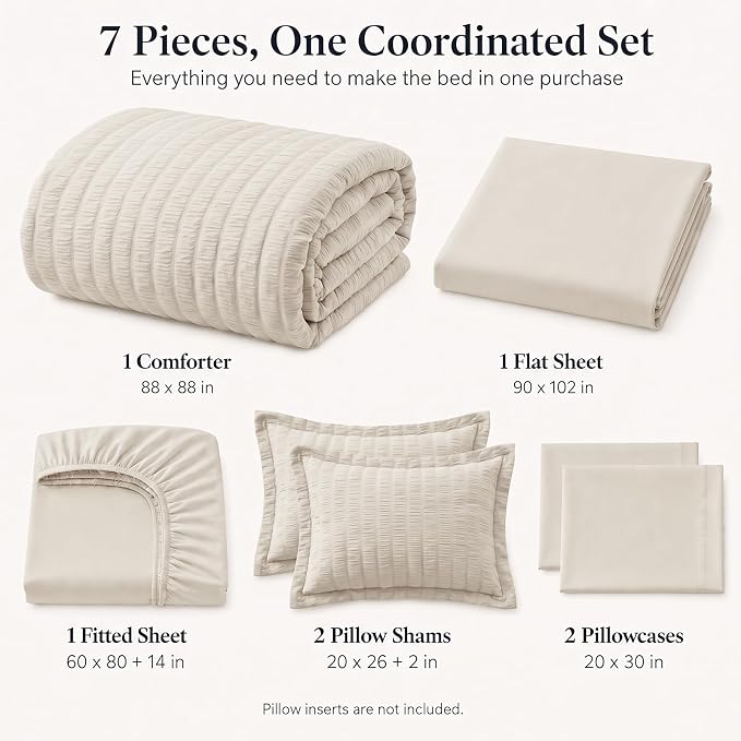 Queen Comforter Set, 7 Pieces Beige Seersucker Bed in a Bag | OEKO-TEX Certified, All Season Bedding Set with 240 GSM Down Alternative Comforter, Flat & Fitted Sheets, Pillowcases & Shams