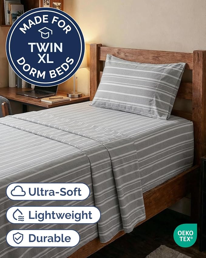 Extra Deep Twin XL Sheet Set - 3 Piece College Dorm Room - Grey Stripes | Soft, Breathable & Cooling, Easily Fits 18 to 24 inch Mattress, Wrinkle Free & Fade Resistant with Extra Deep Pockets