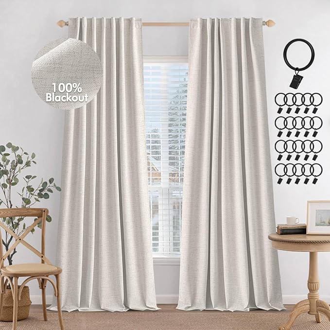 MIULEE 100% Blackout Curtains Linen Curtains & Drapes W52xL108 Inch, Beige | 2 Panels, Full Black Out, Thermal Insulated, Room Darkening Window Curtains for Bedroom Living Room , Back Tab & Rod Pocket