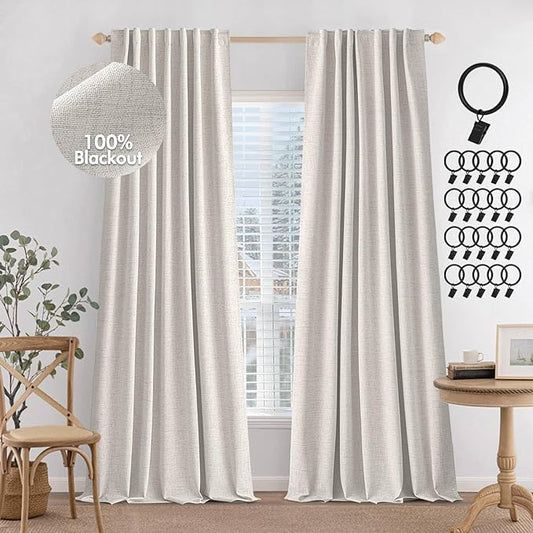 MIULEE 100% Blackout Curtains Linen Curtains & Drapes 90 Inches Long, Beige | 2 Panels, Full Black Out, Thermal Insulated, Room Darkening Window Curtains for Bedroom Living Room , Back Tab & Rod Pocket
