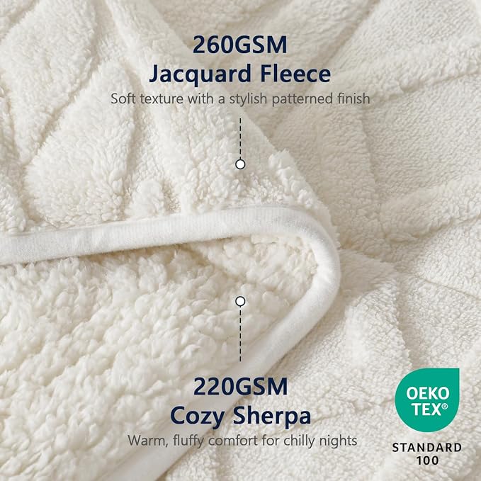 Mr. Sandman Weighted Blankets for Adults, Queen Size 60 x 80 Inches, 15lbs | Machine Washable; Soft Warm Sherpa Fleece; Fluffy Jacquard with Glass Beads; Heavy Throw for Sleep and Calm; Ivory White