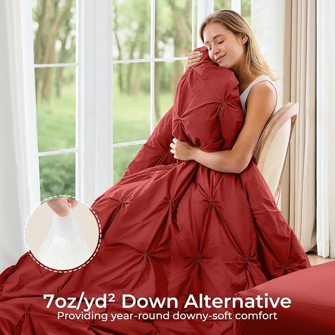 Sasttie Full Size Comforter Set, 7-Piece Bed in a Bag Double, Pintuck Bedding Set for All Season, Includes Comforter, Flat Sheet, Fitted Sheet, Pillowcases and Pillowshams, Red