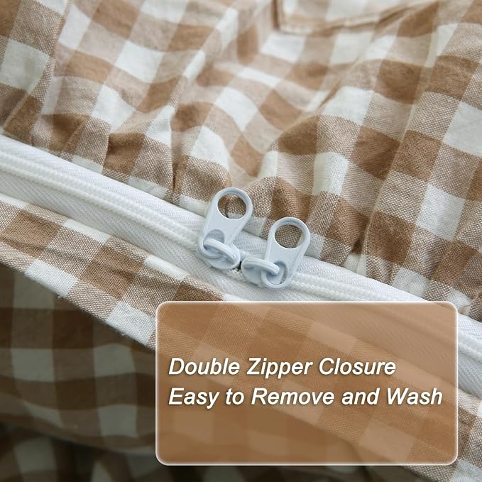 Silnuo Taupe/White Plaid Gingham Ruffle Duvet Cover Set Full Size | 100% Washed Cotton 3 Piece Vintage Checkered Chic Bedding Set Comforter Cover Set