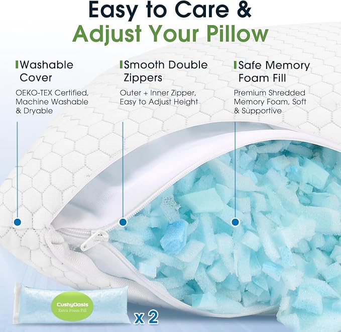 CushyOasis Cooling Pillow for Sleeping, Pillows King Size Set of 2, Gray | CertiPUR-US Shredded Memory Foam Pillows, Cool Bed Pillow for Hot Sleepers, Adjustable Firm for Side, Back, Stomach Sleepers