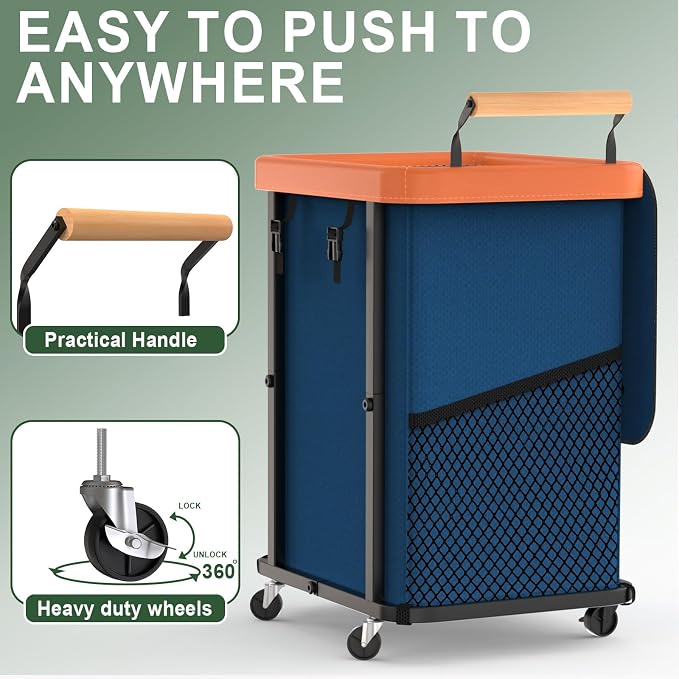 150L Laundry Basket with Wheels, Rolling Basket Hamper with Lid & Handle | Laundry Organizer Storage Cart with Heavy Duty Sturdy Metal Frame for Home, Hotel, Laundry Room - Dark Blue