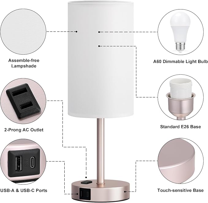 Antique White Bedside Table Lamp for Bedroom - 3 Way Dimmable Touch Lamp USB C Charging Ports and AC Outlet, Small Lamp Gold Base Round Flaxen Fabric Shade for Living Room, Desk