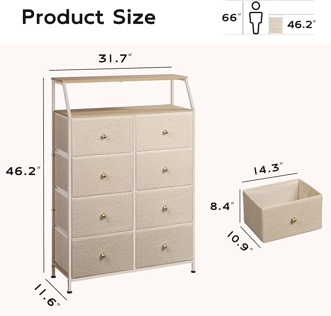 WLIVE Beige Boucle 8-Drawer Fabric Dresser Storage Tower Bedroom | Boucle fabric 8-drawer storage tower with open shelves and wood top, stylish for bedroom closet living room decor