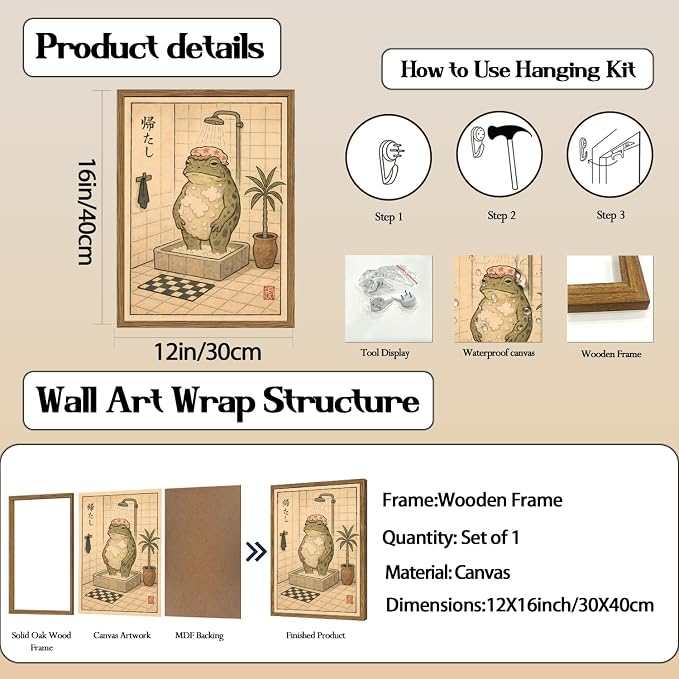 Funny Japanese Frog Bathroom Wall Art Whimsical Frog Shower Wall Decor 12x16 inch Wood Framed, Eclectic Japan Animal Bathroom Poster Painting Canvas Prints Aesthetics