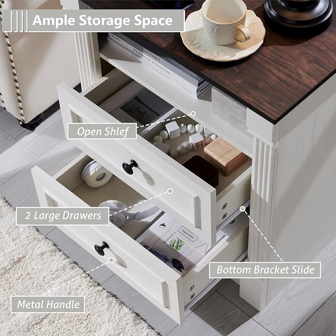 Aitjunz 26" Tall 2 Drawers Dresser for Bedroom, End Table, Antique White | Farmhouse 23.6" Wide Large Nightstand with Charging Station, Wood Rustic Side Tablew/Roman Column for Bedroom, Living Room