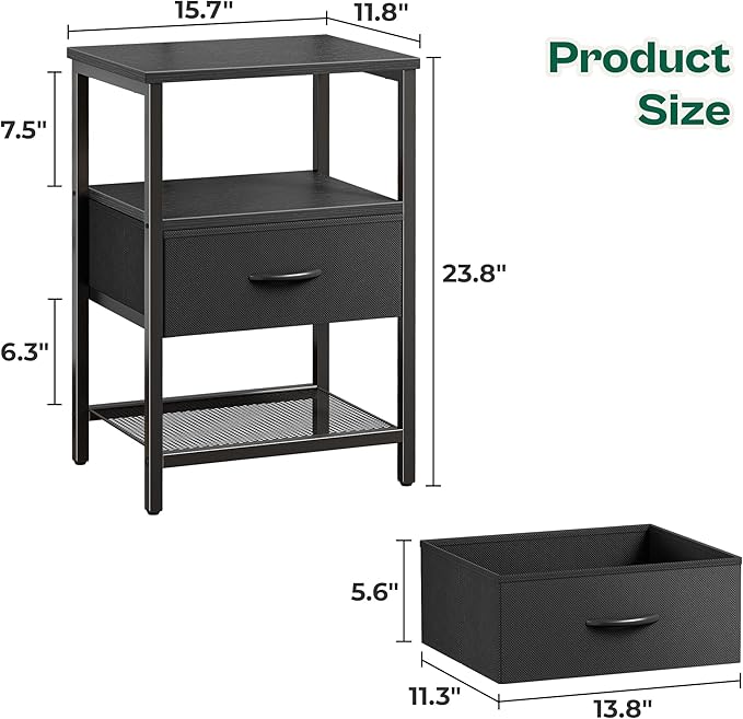 Huuger Nightstand Set of 2, Night Stand with Fabric Drawer, Mesh Shelf | Side Table with Storage, Fabric Drawer Dresser, Open Shelf, Metal Frame, Bedroom, Black