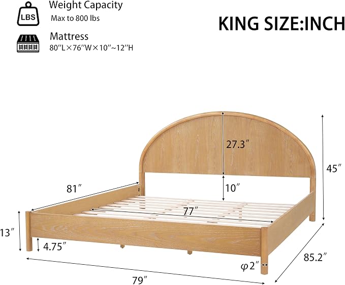 Christopher Knight Home Elsinore King Size Bed Frame with Arched Headboard, Modern Wooden Platform Bed, Wood Bed Support and Slats, No Box Spring Needed, King Size Beds for Adult, Natural Oak